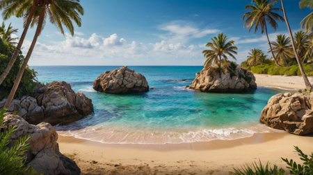 Panorama of beautiful tropical beach with palm trees and turquoise waterの写真素材