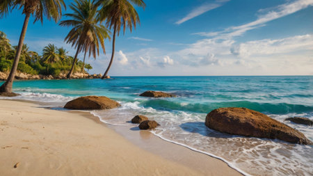 Tropical beach with palm trees and rocks, Seychellesの写真素材