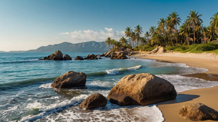 Tropical beach with granite boulders and palm treesの写真素材