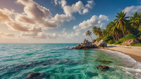 Panorama of Seychelles beach Anse Lazio at sunsetの写真素材