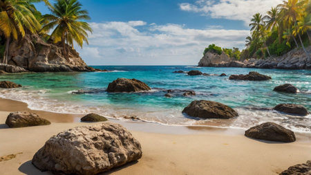 Panorama of a beautiful tropical beach with palm trees and rocks.