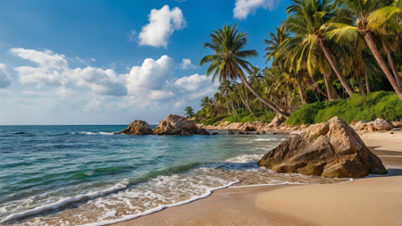 Tropical beach with palm trees and granite rocks