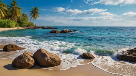 Tropical beach with granite boulders and coconut palm treesの写真素材