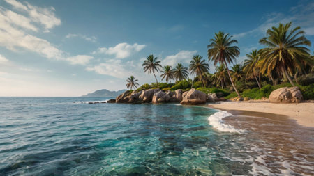 Panorama of beautiful tropical beach with palm trees and turquoise seaの写真素材