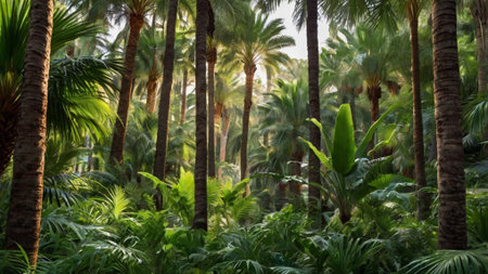Tropical garden with palm trees and ferns in summerの写真素材