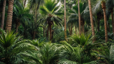 Tropical palm trees in botanical garden. Nature background.の写真素材