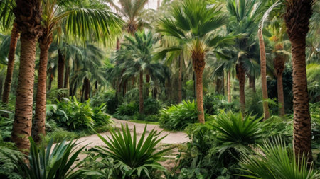 Panoramic view of palm trees in the botanical garden.の写真素材