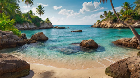 Panorama of beautiful tropical beach with granite rocks and palm trees.