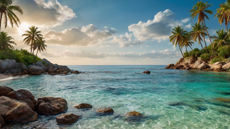 Panoramic view of beautiful tropical beach with palm trees and rocks