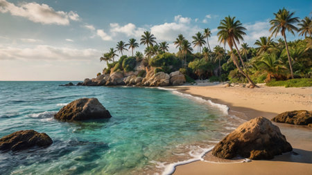 Panoramic view of beautiful tropical beach with palm trees and rocksの写真素材