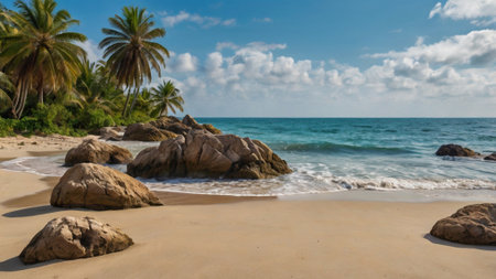 Tropical beach with rocks and coconut palm trees.の写真素材