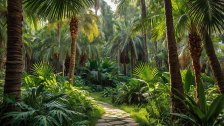 Panoramic view of tropical garden with palm trees and pathway.