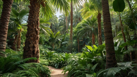 Tropical garden with palm trees, ferns and plantsの写真素材
