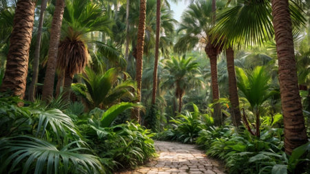 Tropical garden with palm trees and pathway. Nature background.
