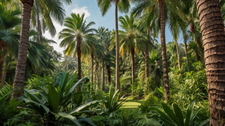Palm trees in a tropical garden. Panoramic view.の写真素材