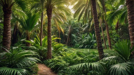Tropical jungle with palm trees and pathway. Nature background.