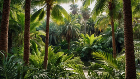 Palm trees in botanical garden. Tropical background. Exotic plant.の写真素材