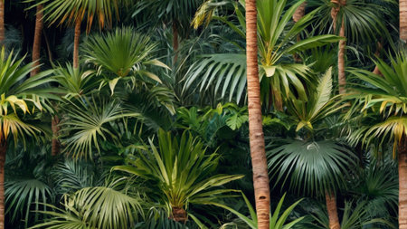 Tropical palm trees in the rainforest. Nature background.の写真素材