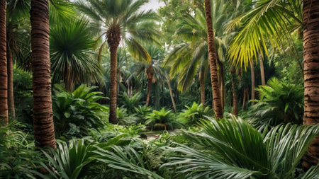Beautiful tropical garden with palm trees and ferns, panoramaの写真素材