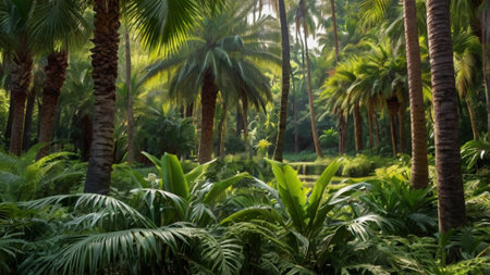 Tropical garden with palm trees and ferns in the morning