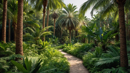 Beautiful tropical garden with palm trees and pathway. Nature background.の写真素材