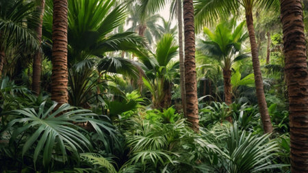 Tropical garden with palm trees and bushes. Nature background.の写真素材