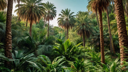 Palm trees in the botanical garden. Tropical forest background.の写真素材
