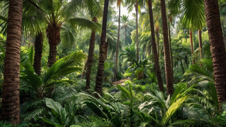 Tropical jungle panorama with palm trees and fernsの写真素材