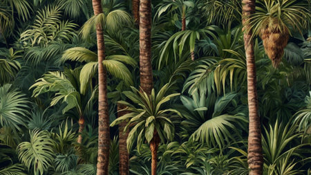 Tropical jungle background with palm trees and monstera leaves.