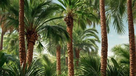 Palm trees in a tropical forest on a sunny day. 3d rendering