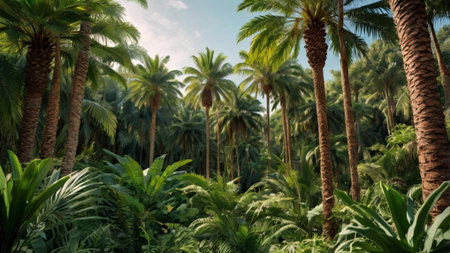 Palm trees in botanical garden. Tropical landscape with palm treesの写真素材