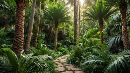 Panoramic view of a beautiful tropical garden with palm trees and walkway