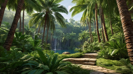 tropical garden with waterfalls and palm trees 3d render illustration