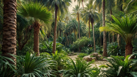 Tropical garden with palm trees and ferns in the parkの写真素材