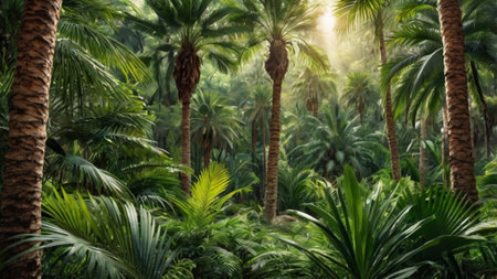 Palm trees in the botanical garden. Tropical nature background.の写真素材