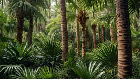 Tropical forest with palm trees and ferns, nature backgroundの写真素材