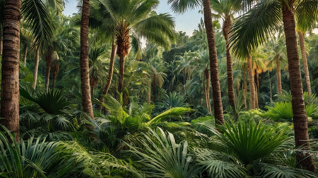 Palm trees in the jungle. Tropical landscape with palm trees.の写真素材