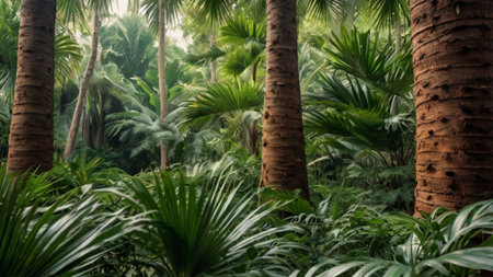 Tropical jungle background with palm trees and plants. Nature backgroundの写真素材
