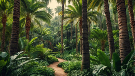 Tropical jungle with palm trees and pathway in the jungle.の写真素材