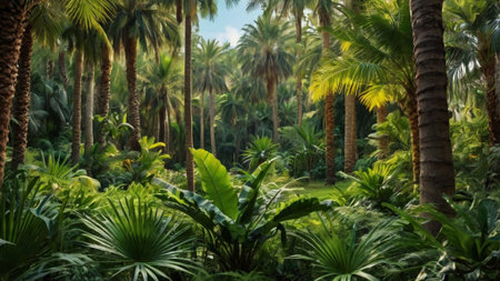 Palm trees in tropical garden. Beautiful nature background. Tropical landscape.の写真素材
