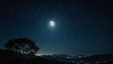 Night starry sky with full moon and stars. Mountain landscape.の写真素材