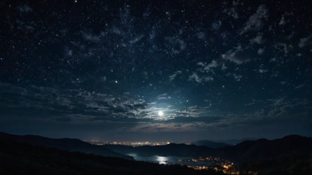 Night view of the lake in the mountains and the starry skyの写真素材