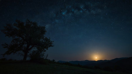 Night sky with stars and milky way over the mountains and tree