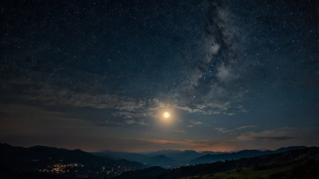 Night sky with stars and milky way over the mountains. Long exposure photograph.の写真素材
