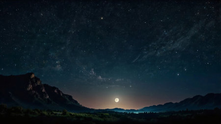 Mountain landscape at night with full moon and stars. 3d rendering