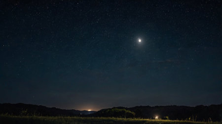 Night sky with stars and a full moon over the meadow.