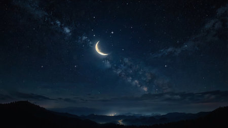 Night sky with moon and stars. Beautiful night landscape with starry sky.