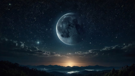 Night sky with stars and moon. 3d rendering. Elements of this image furnished by NASA