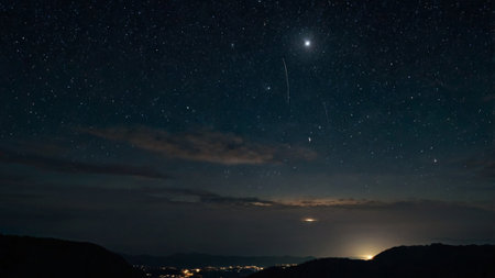 Night sky with stars and milky way over the mountain range.