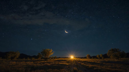 Moon and stars in the night sky over the fields. Long exposure.